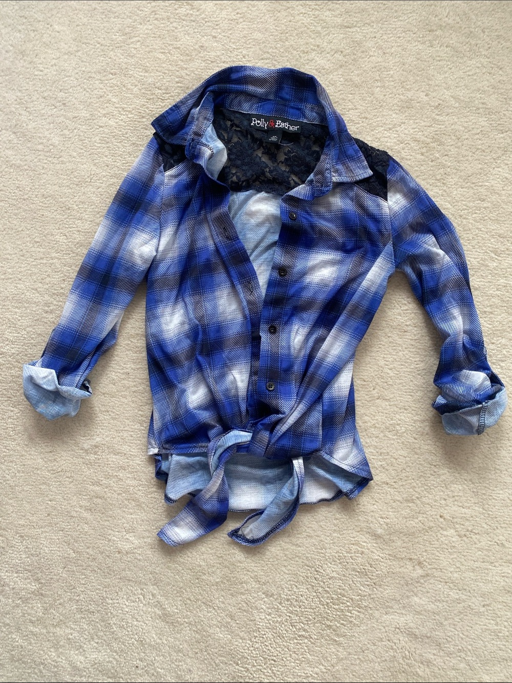 Polly & Esther Blue Plaid Lace Tie-Front Button Flannel Shirt